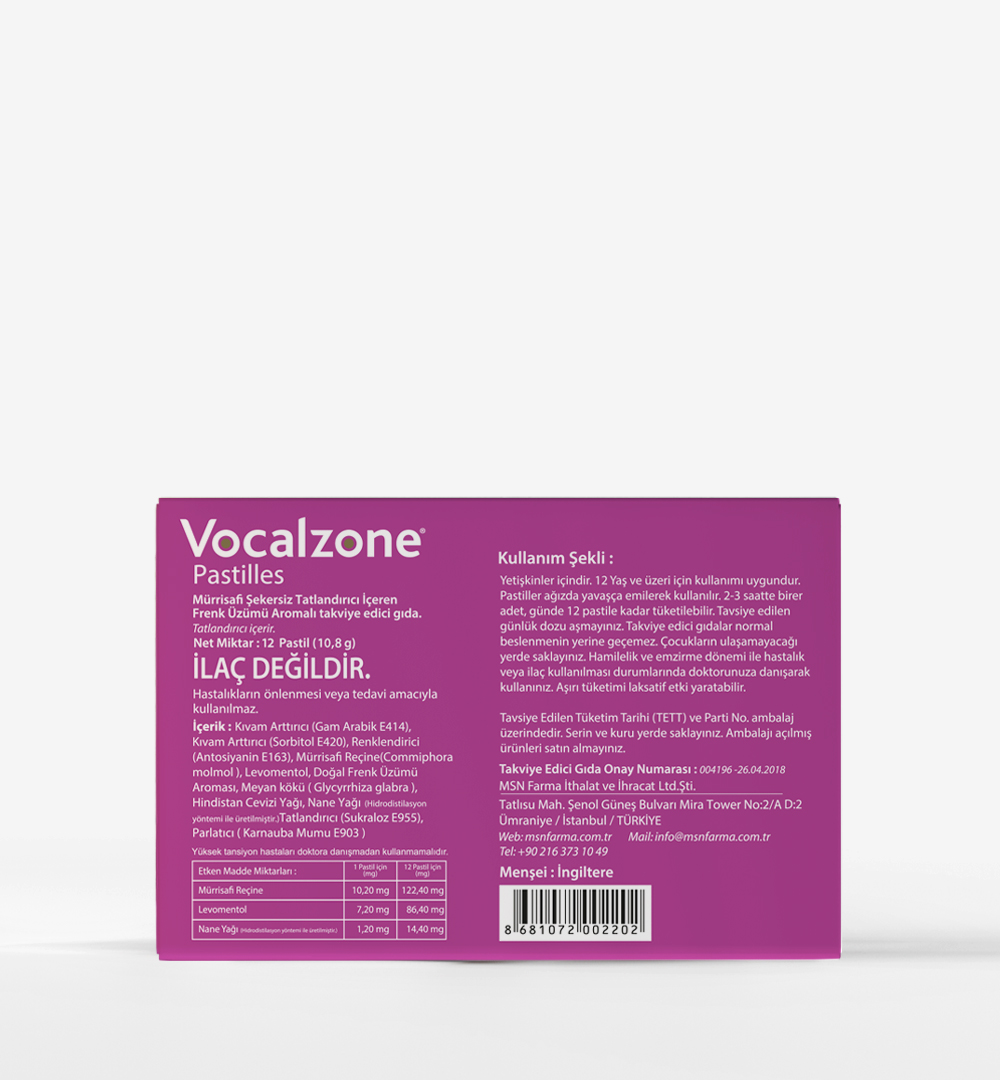 Vocalzone Frenk Üzümlü (Şekersiz) Pastil 12'li